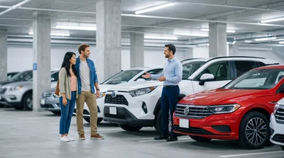 A couple in a US rental garage looks at different vehicle classes, discussing how ACRISS codes affect their car.