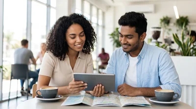 Two friends look at a tablet and maps discussing San Francisco car hire costs.