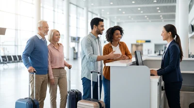 Delayed traveller talks to a smiling rental agent about an Orlando car hire booking.