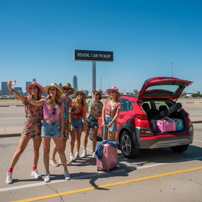 A group of friends in festive attire takes a selfie next to a red rental SUV with luggage, under a "Rental Car Pickup" sign at an Austin airport.