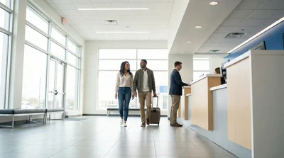 Customers arriving at a car rental lobby during a quiet time to avoid lines at the counter.