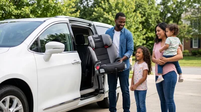 A family prepares to load a booster seat into a rental minivan in Pennsylvania, following local rules.
