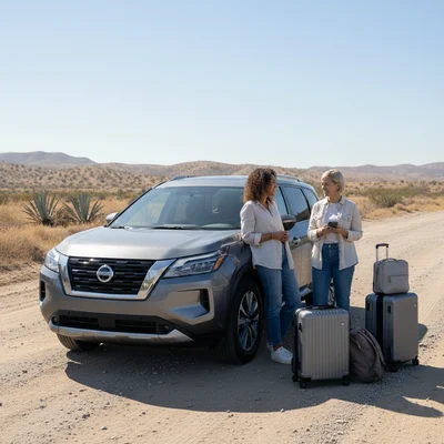 Two women with luggage stand next to a grey SUV rental car on a dirt road in a sunny, arid landscape near Brownsville.