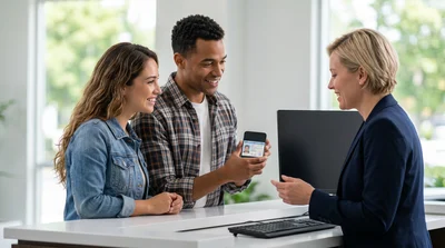 Diverse couple shows a digital driving licence on a smartphone to a California car hire agent at a clean counter.