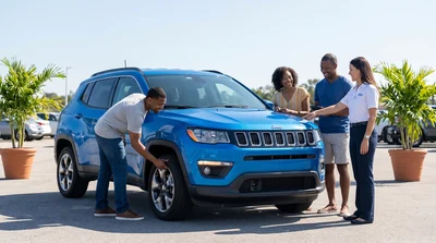Travelers perform essential pre-departure checks on a rental car in orlando.