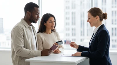 Woman deciding between direct coverage and reimbursement at a california car hire counter.