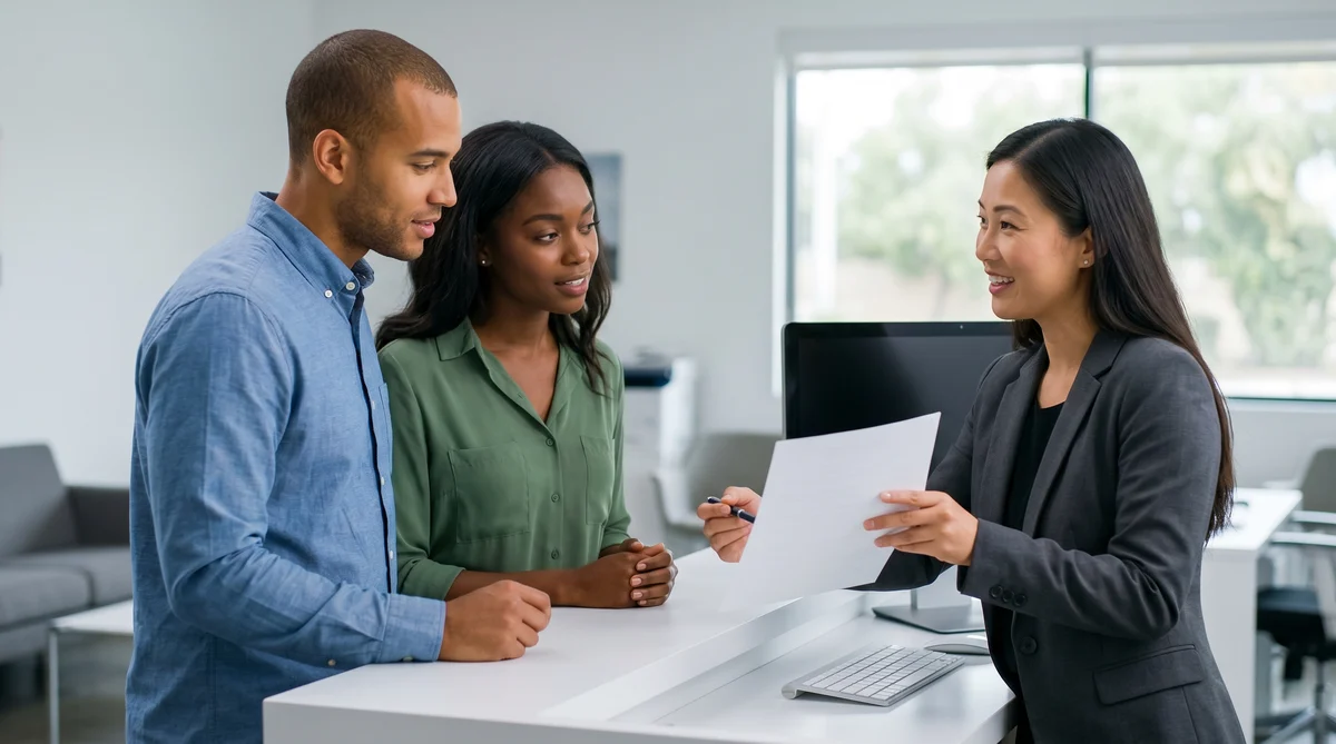 Diverse couple discusses SCDW insurance details with an agent at a California car hire counter.