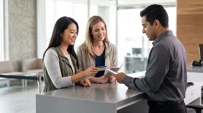 Two Canadian women show unreadable IDs to a friendly rental agent at a bright Texas car hire counter.