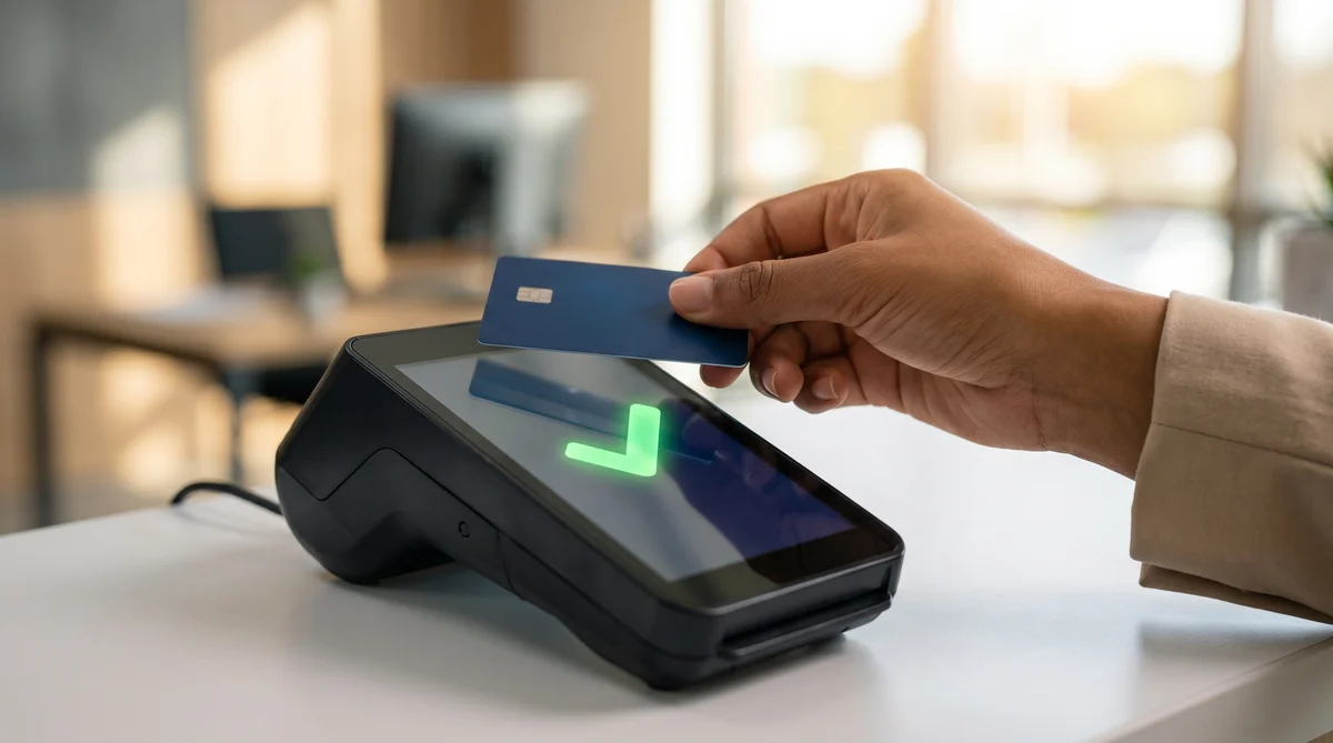 A customer secures a car hire deposit in Florida by using a credit card on a modern payment terminal.