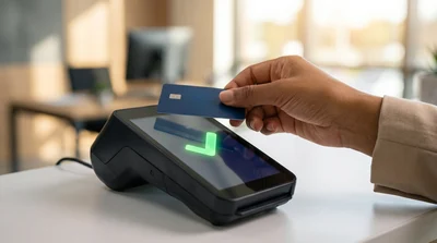 A customer secures a car hire deposit in Florida by using a credit card on a modern payment terminal.