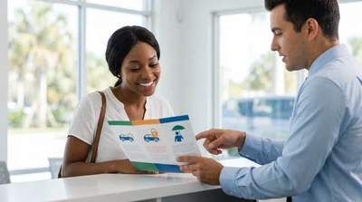 A customer at a Florida car hire counter reviews different insurance options presented in a brochure by an agent.