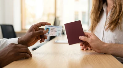 A customer and employee verify details on a driving licence at a New York car hire counter.