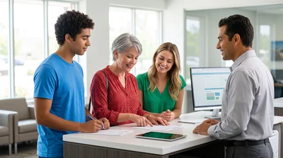 A young man and an older woman discuss documents at a clean indoor counter for car rental in California.