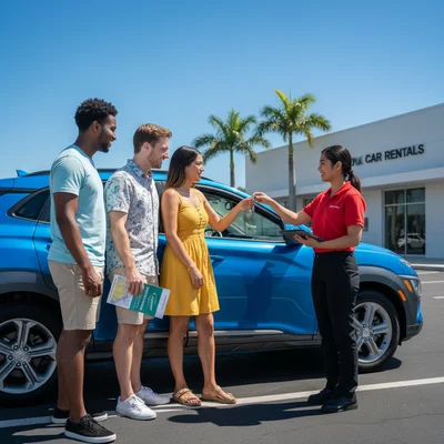 Couple receiving keys from a car hire agent outside a rental office on a sunny day, ready to start their vacation journey.