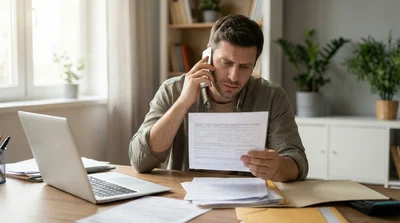A person sitting at a desk in a home office, looking stressed while reviewing a stack of insurance documents and holding a phone to their ear regarding a claim.