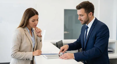 A customer and a car rental agent at a counter, with the agent pointing to a tablet screen and the customer looking thoughtfully at the information.