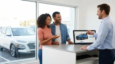 Rental agent explaining vehicle classes to a couple in a car lot, clarifying "or similar" terms in car hire bookings.