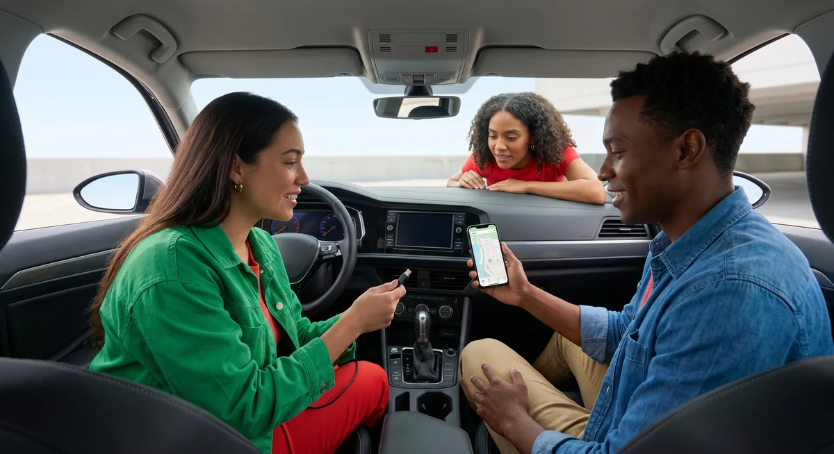 Friends in a modern grey Volkswagen Jetta in an Orlando lot check the dashboard screen for wireless phone connectivity.