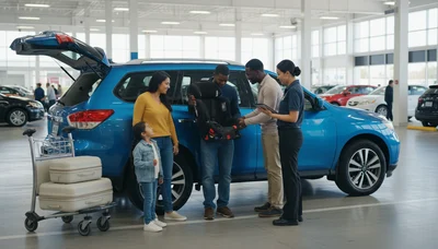 A family picking up a rental car at an airport in California, with parents installing a child seat in a blue SUV.