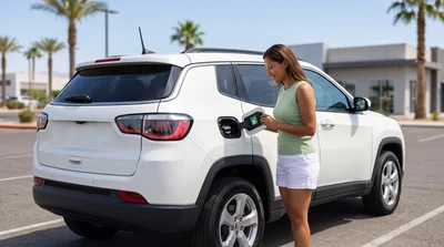 A driver in Las Vegas confirms the fuel type by checking the fuel cap on a white Jeep Compass.