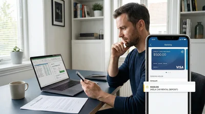 Business traveler verifying corporate credit card limits for a US car rental.