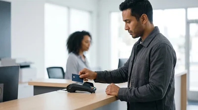 A customer presents a credit card for payment and CDW verification for a car rental in California.
