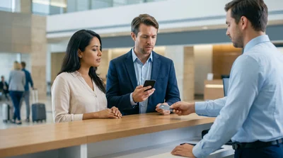 A concerned customer checks his phone at a Texas car hire counter while a credit card hold is processed.