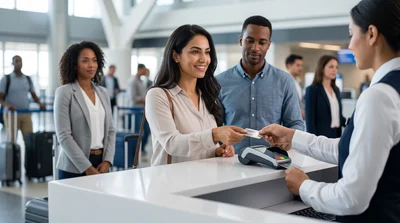 A traveler presents a credit card for payment and deposit at a busy Los Angeles car hire counter.