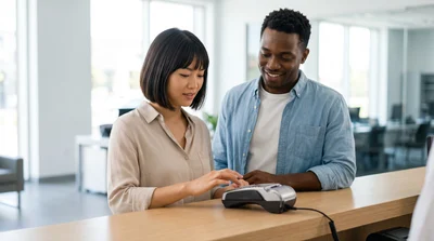 A couple interacts with a payment terminal keypad to pay for their car hire at a San Francisco counter.