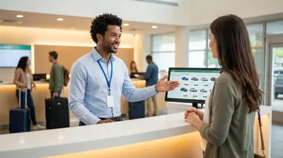 A customer at a bright car rental counter points to a specific car model on a digital screen while talking to an agent.