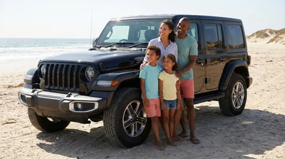 A family standing next to their black Jeep Wrangler rental car parked directly on the sand at a sunny Daytona Beach.