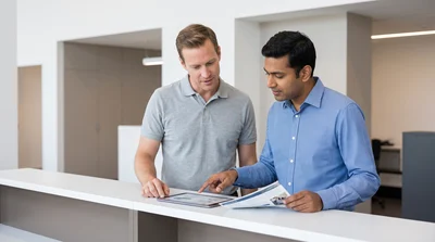 Two men deliberate adding glass and tyre cover to their car rental in a bright Texas office.