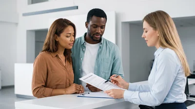 A couple discusses SLI vs CSL insurance at a modern California car rental counter.