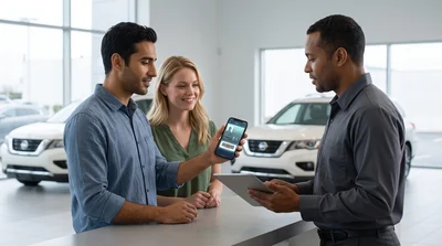 A customer shows a digital license on a smartphone to an employee at a car hire counter in California.