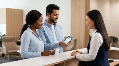 A diverse couple shows a digital driving license app screen to an agent at a bright California car hire counter.