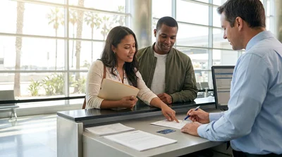 Person reviewing car rental documents and holding keys inside a vehicle in California