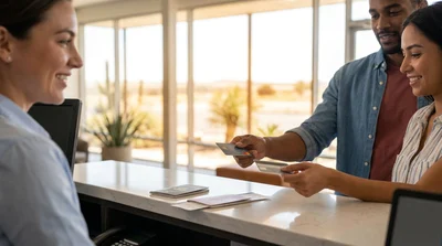 Customer handing a credit card to an agent at a car hire counter in Texas