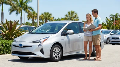 White hybrid car driving past palm trees on a sunny Florida highway during a car rental vacation