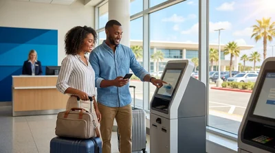 Traveler with luggage checking a smartphone next to a car rental at Orlando airport