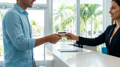 Close-up of a customer handing a credit card to an agent at a Miami car rental desk
