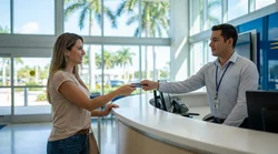 Traveler handing a debit card to an agent at a Miami car rental desk
