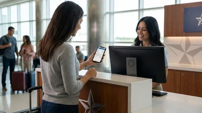 Traveler showing a digital document on a smartphone at a Texas car rental counter