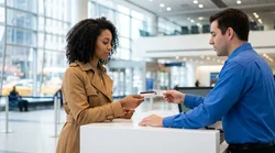A customer handing a credit card to an agent at a New York car hire counter