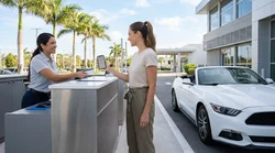 Traveler showing an ID card and smartphone at a car hire desk in Miami
