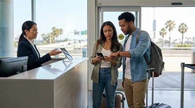 Traveler looking at a watch at a Los Angeles car hire counter