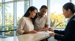 Customer signing paperwork at a bright airport car rental counter in Florida
