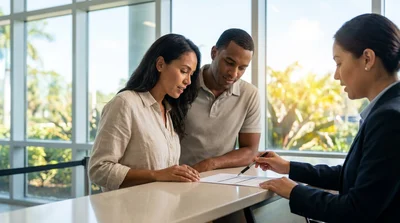 Customer signing paperwork at a bright airport car rental counter in Florida