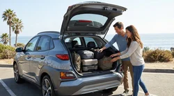Open trunk of a compact SUV car rental filled with suitcases parked on a sunny street in California