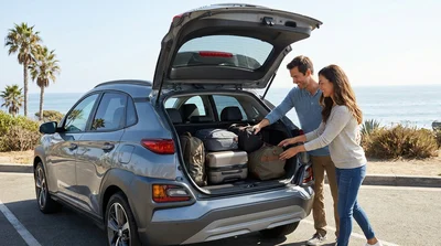 Open trunk of a compact SUV car rental filled with suitcases parked on a sunny street in California