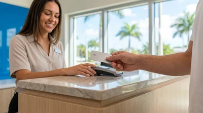 Close up of a hand holding an embossed credit card at a car hire counter in Florida